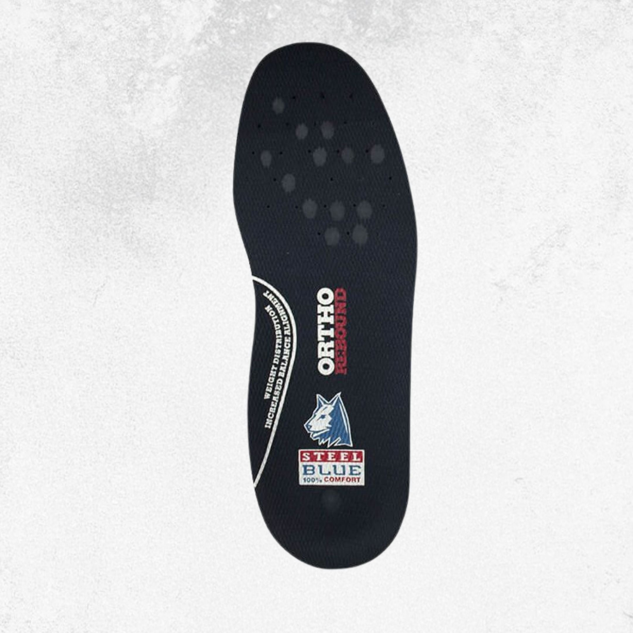 A single black orthopedic shoe insole with ventilation holes, featuring the brand logos for Ortho Comfort and Speed Blue on a light gray textured background.