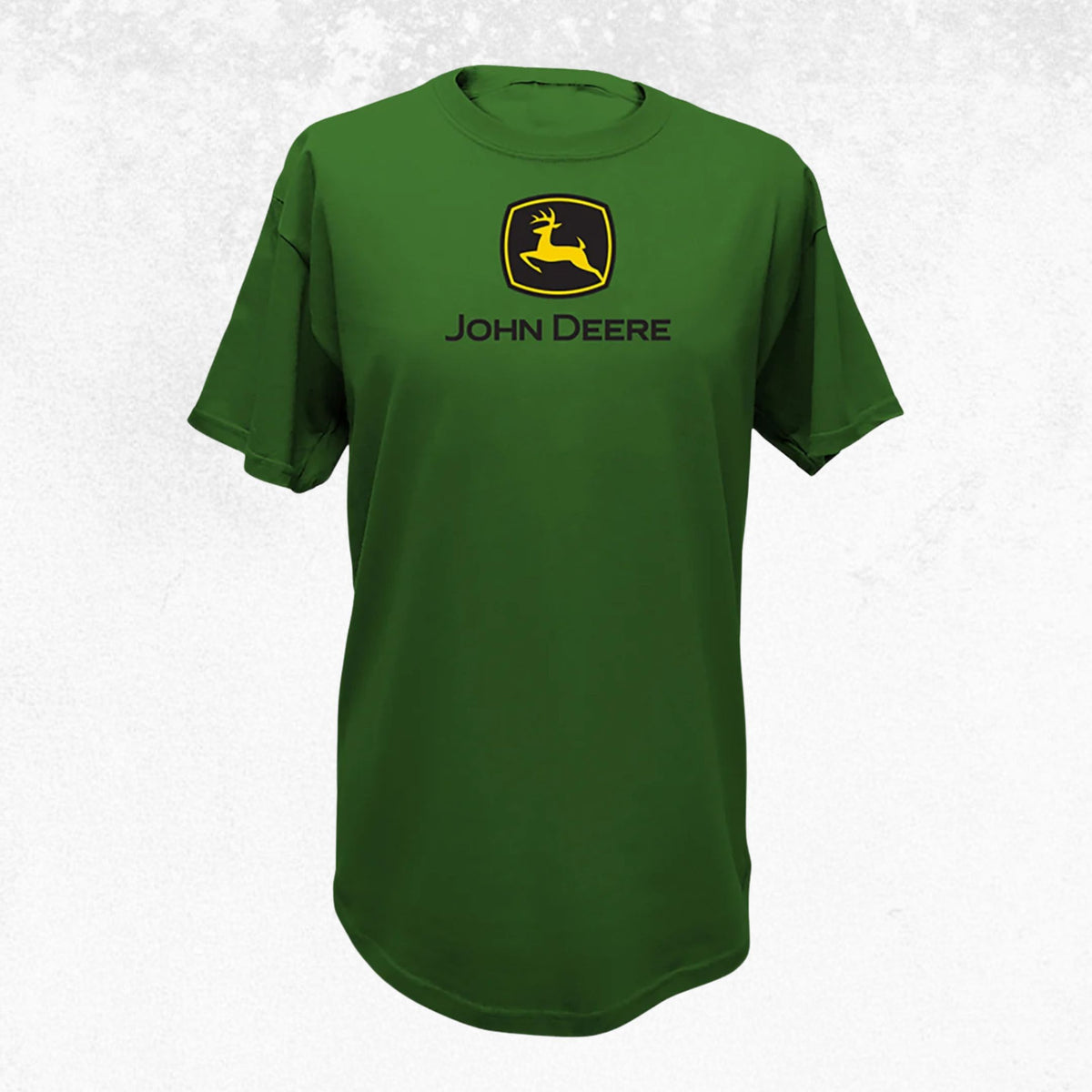 A green short-sleeve crewneck t-shirt featuring the yellow and black John Deere logo and brand name printed on the chest, displayed against a light gray textured background.