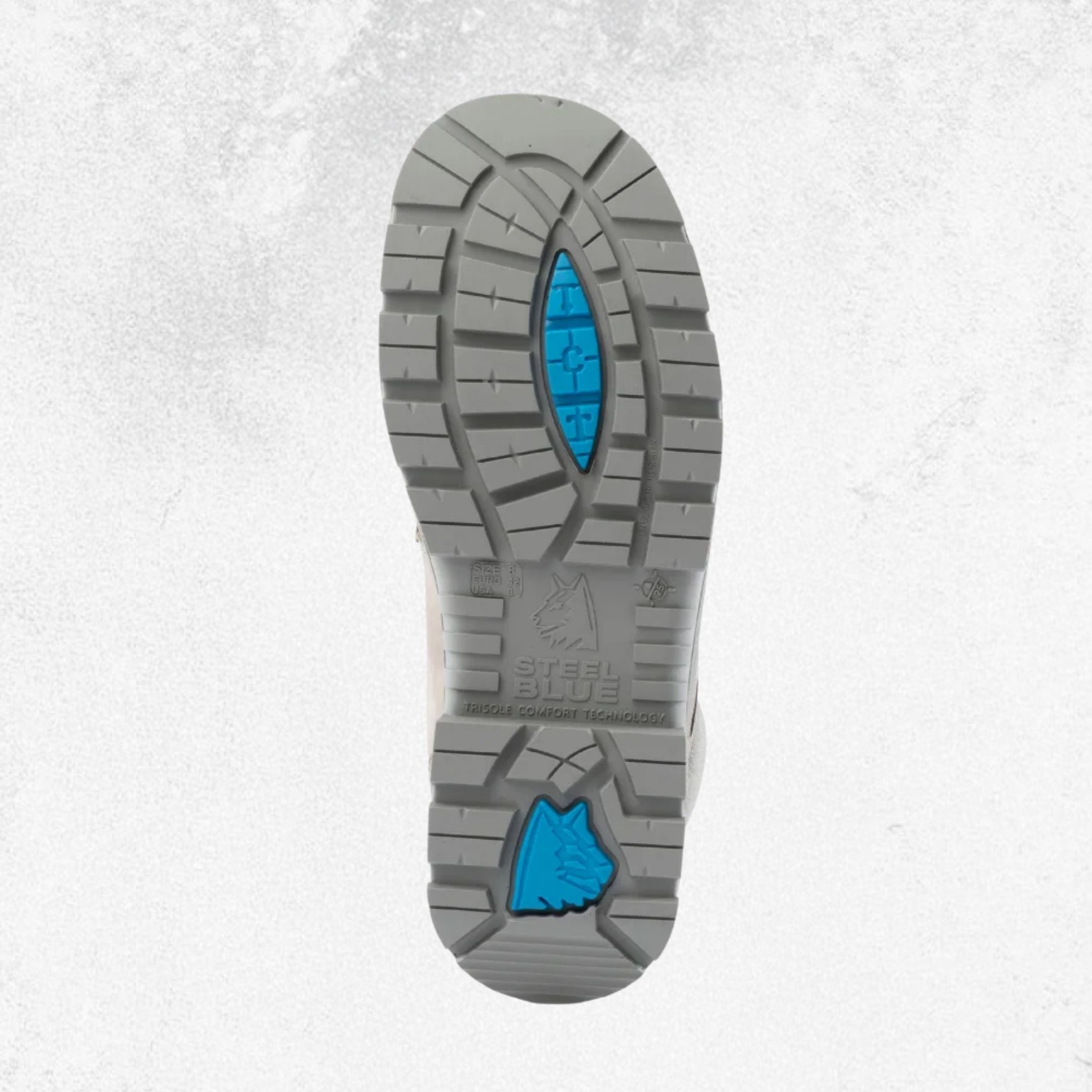 The outsole of a gray boot or shoe, featuring a textured tread pattern with bright blue accents in the center and heel area, on a light gray background.