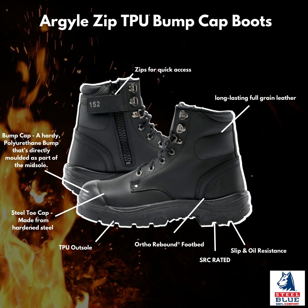 Faves from the cave | Steel Blue Argyle Zip TPU Bump Cap Boots | Man Cave Workwear Steel Blue Argyle Zip TPU Bump Cap Boots Info Graphic