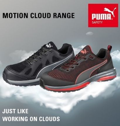 Two Puma Motion Cloud Speed FT Safety Shoes - Red/Black are graphically displayed