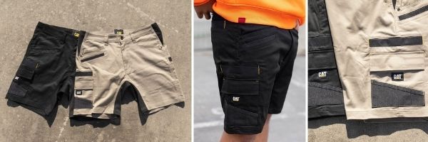 CAT Elite Operator Short | Man Cave Workwear Three images of the CAT Elite Operator Short, on the ground, on a model, and a close up.