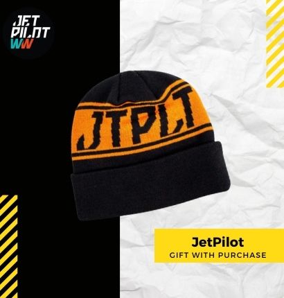 Image of JetPilot Beanie over crumpled paper background. 