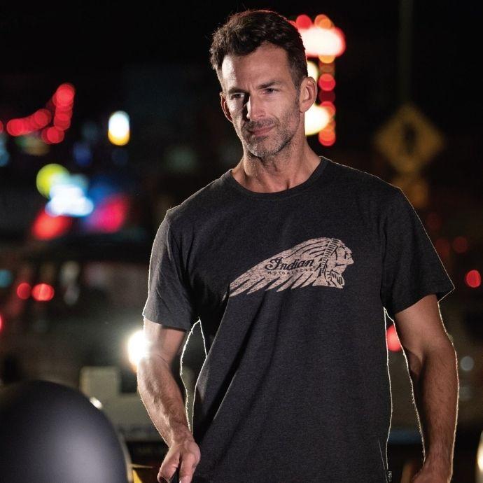 Indian Motorcycle Indian Headdress Tees - Gray | Man Cave Workwear A man wearing Indian Headdress Gray T-Shirt at an event - A Lifestyle photo