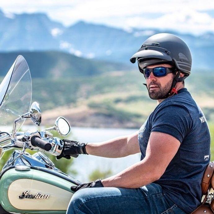 Indian Motorcycle Indian American Original Tees | Man Cave Workwear Man wearing Indian American Original T-shirt on his bike