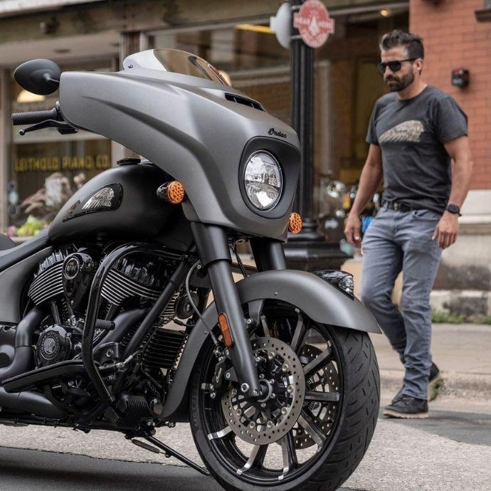 Indian Motorcycle Indian Bonneville Tee | Man Cave Workwear A man wearing Indian Bonneville Tee and walking towards his bike in style