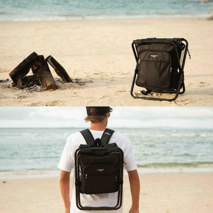 JetPilot Chilled Seat Backpack on the beach . And a man carrying it on his back.
