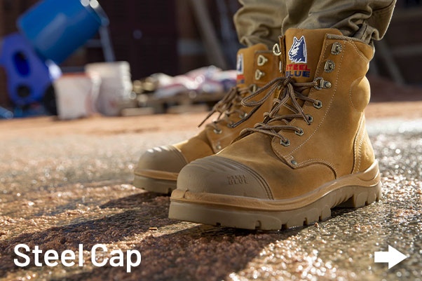 Men's Steel Blue Boots being worn by Australian male tradie on construction site.