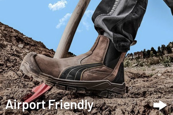Men's Puma Safety Boots on shovel in Australian Construction site.