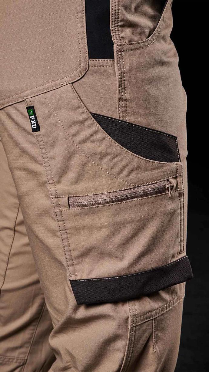 close up of khaki FXD WP-7W Women's Stretch Work Pants