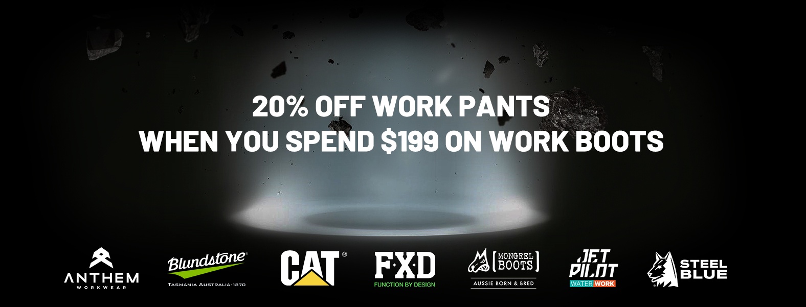 text in light saying 20% off work pants