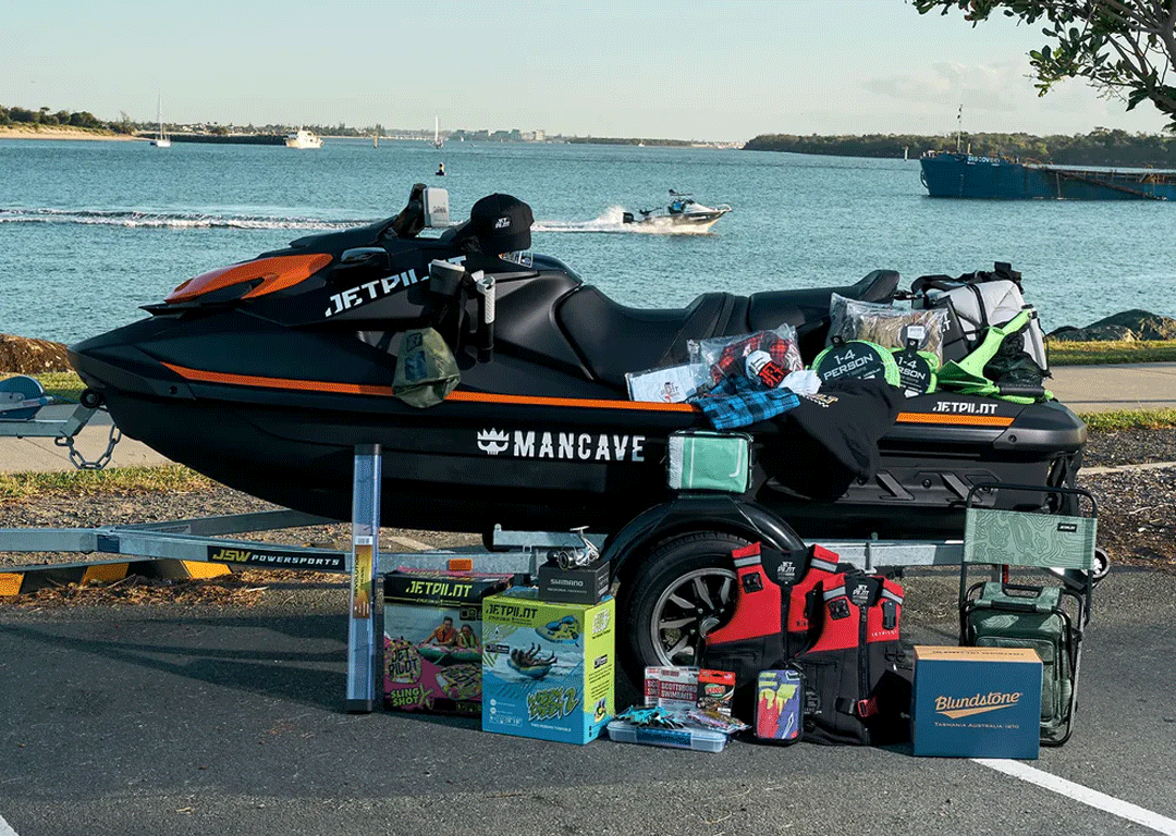 Win this Jet Ski! Jet ski surrounded by prizes for $30,00 Jet Ski Giveaway.