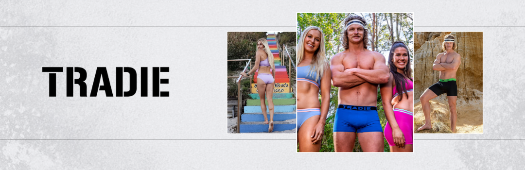 Lifestyle images of men and women wearing tradie brand underwear.